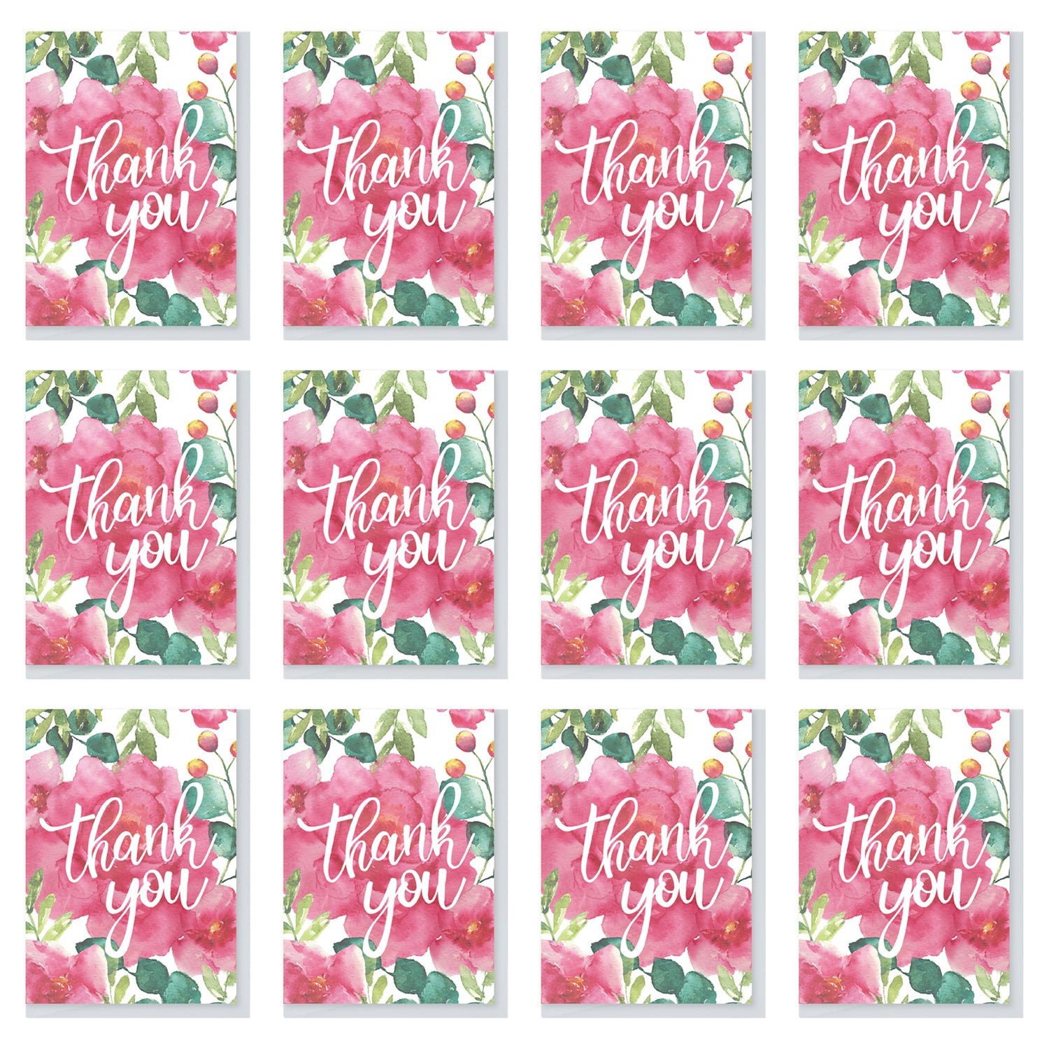 Boxed Set of 12 Floral Watercolour Thank You Cards - Northern Cards