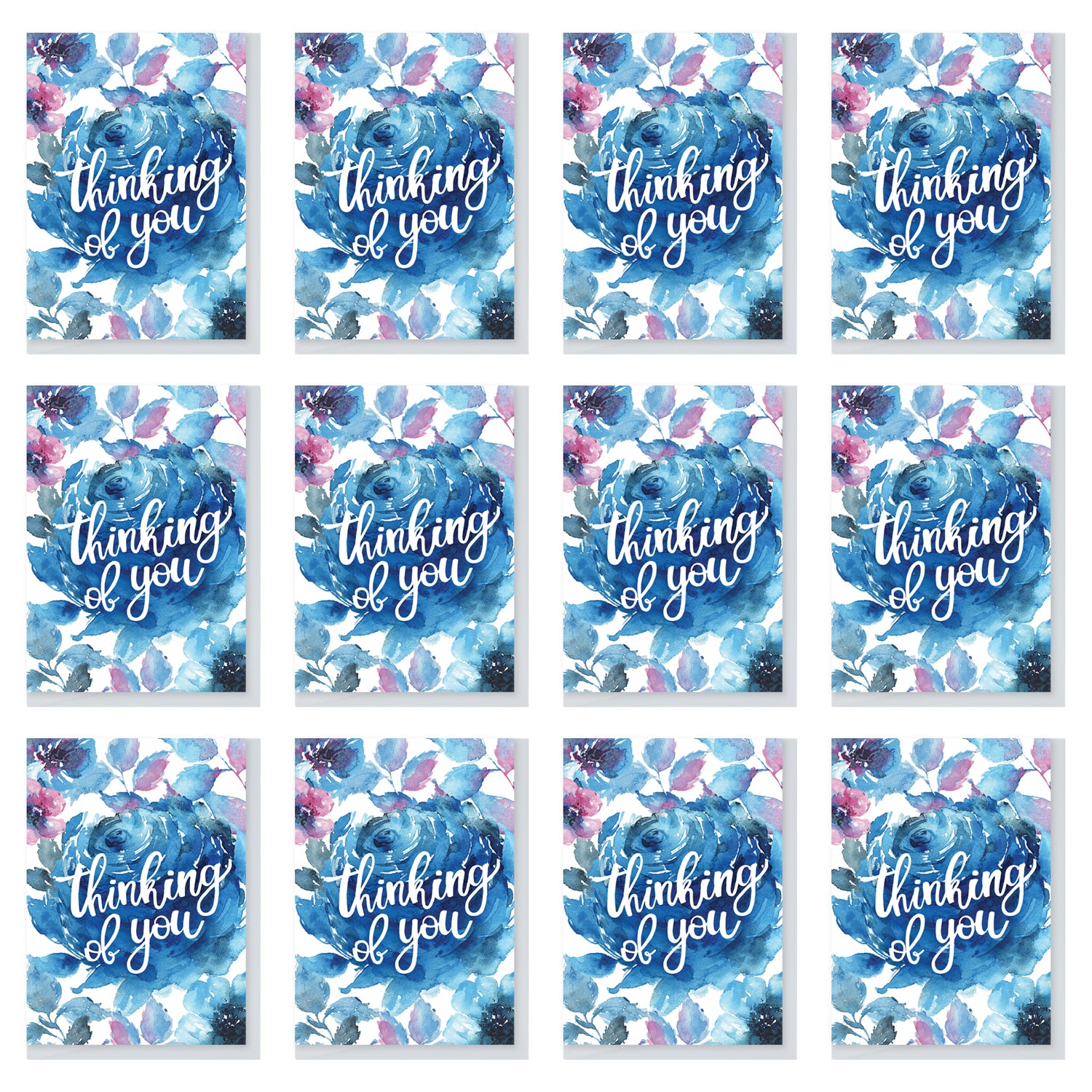 Boxed Set of 12 Floral Watercolour Thinking of You Cards - Northern Cards